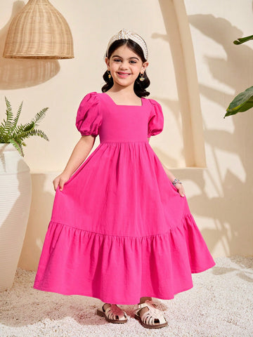 Young Girl Woven Solid Color Square Neck Puff Sleeve Ruffe Hem Fitted A-Line Dress ,Back Big Bow Details , Ramandan Style , Spring/Summer
