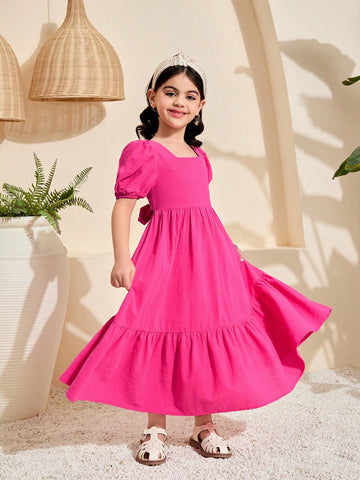 Young Girl Woven Solid Color Square Neck Puff Sleeve Ruffe Hem Fitted A-Line Dress ,Back Big Bow Details , Ramandan Style , Spring/Summer