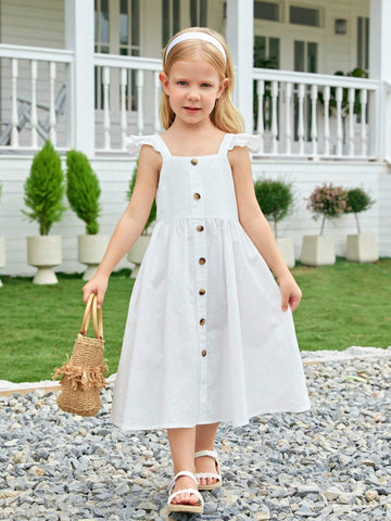Young Girl Woven Solid Color Square Neck Ruffle Trim Spaghetti Strap One-Piece Casual Dress