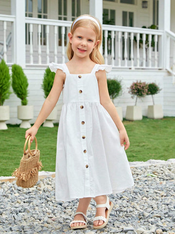 Young Girl Woven Solid Color Square Neck Ruffle Trim Spaghetti Strap One-Piece Casual Dress