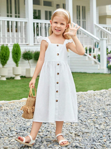 Young Girl Woven Solid Color Square Neck Ruffle Trim Spaghetti Strap One-Piece Casual Dress