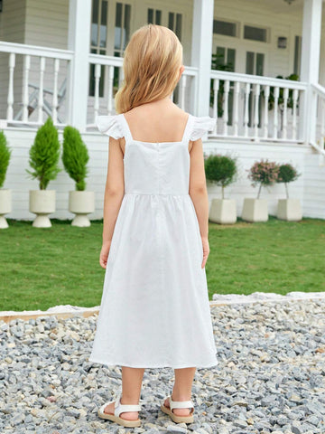 Young Girl Woven Solid Color Square Neck Ruffle Trim Spaghetti Strap One-Piece Casual Dress