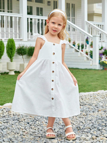 Young Girl Woven Solid Color Square Neck Ruffle Trim Spaghetti Strap One-Piece Casual Dress