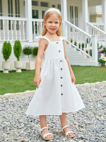 Young Girl Woven Solid Color Square Neck Ruffle Trim Spaghetti Strap One-Piece Casual Dress