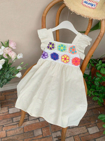 Young Girl Woven Solid Color Square Neckline Ruffle Trim Colorblock Loose Casual Dress