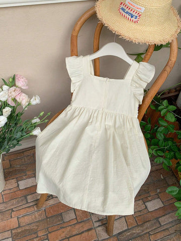 Young Girl Woven Solid Color Square Neckline Ruffle Trim Colorblock Loose Casual Dress