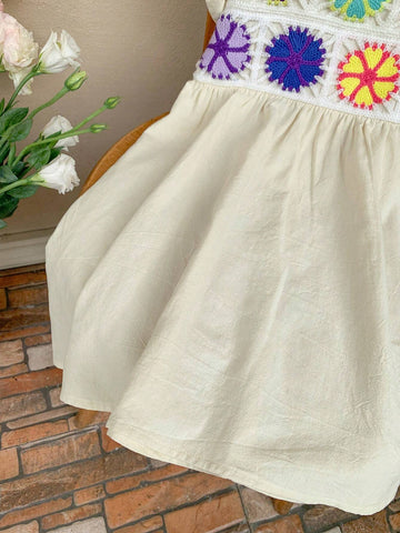 Young Girl Woven Solid Color Square Neckline Ruffle Trim Colorblock Loose Casual Dress