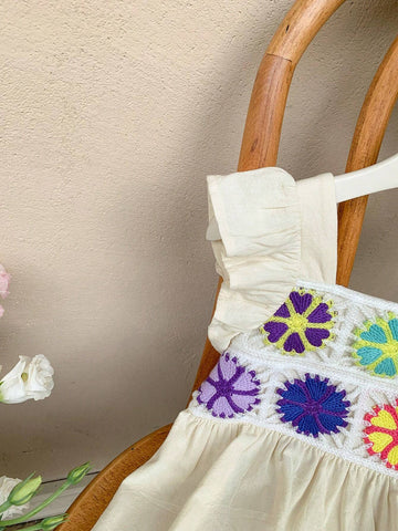 Young Girl Woven Solid Color Square Neckline Ruffle Trim Colorblock Loose Casual Dress