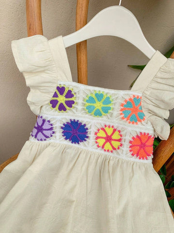 Young Girl Woven Solid Color Square Neckline Ruffle Trim Colorblock Loose Casual Dress