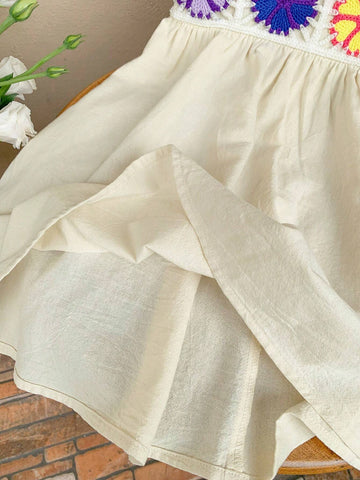 Young Girl Woven Solid Color Square Neckline Ruffle Trim Colorblock Loose Casual Dress