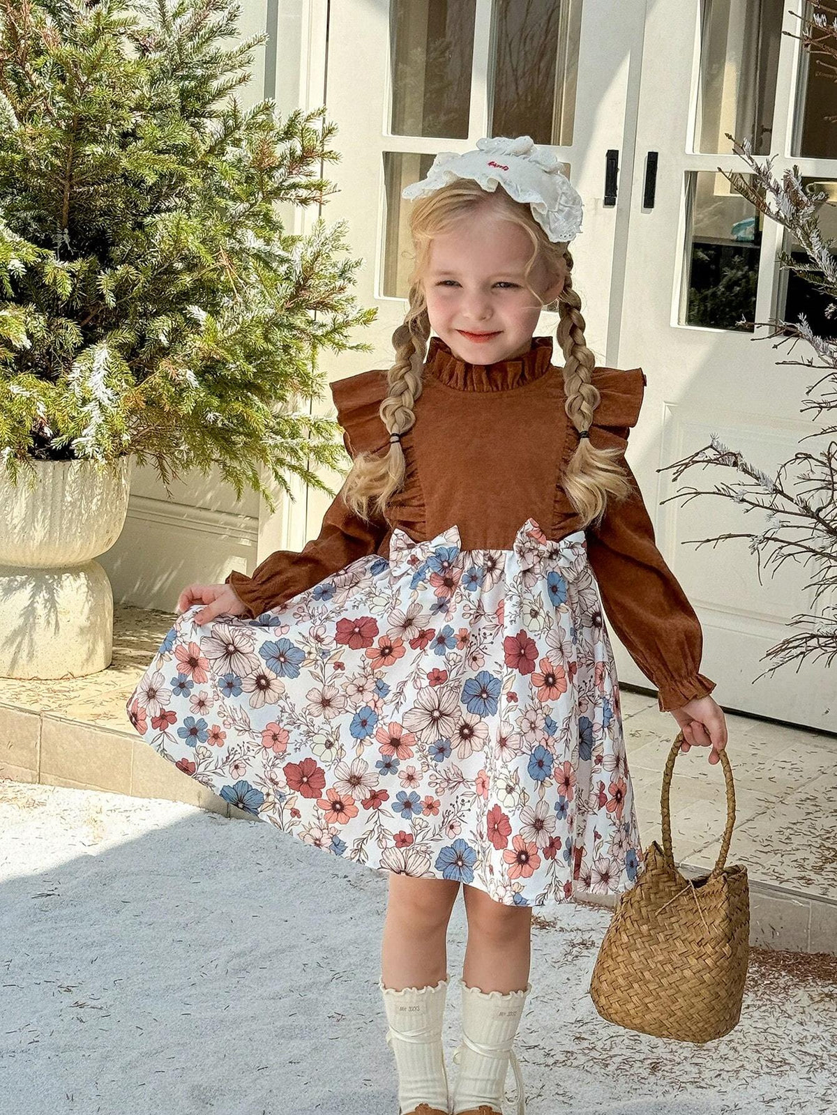 Young Girl Woven Solid Color Stand Collar Ruffled Edge Ditsy Floral Applique Bow Front Casual Dress