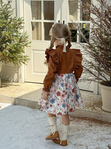 Young Girl Woven Solid Color Stand Collar Ruffled Edge Ditsy Floral Applique Bow Front Casual Dress
