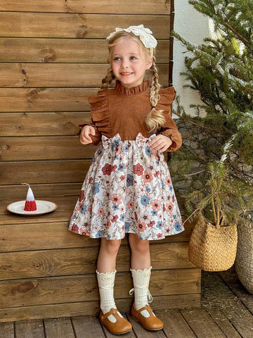 Young Girl Woven Solid Color Stand Collar Ruffled Edge Ditsy Floral Applique Bow Front Casual Dress