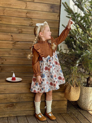 Young Girl Woven Solid Color Stand Collar Ruffled Edge Ditsy Floral Applique Bow Front Casual Dress