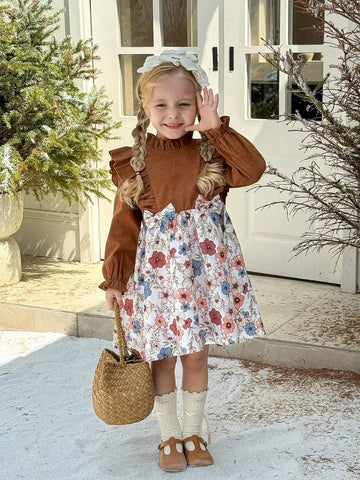 Young Girl Woven Solid Color Stand Collar Ruffled Edge Ditsy Floral Applique Bow Front Casual Dress