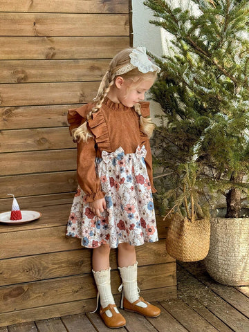 Young Girl Woven Solid Color Stand Collar Ruffled Edge Ditsy Floral Applique Bow Front Casual Dress
