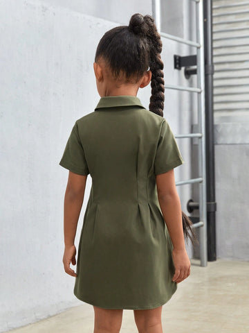 Young Girl Woven Solid Color Turn-Down Collar Fitted Casual Dress