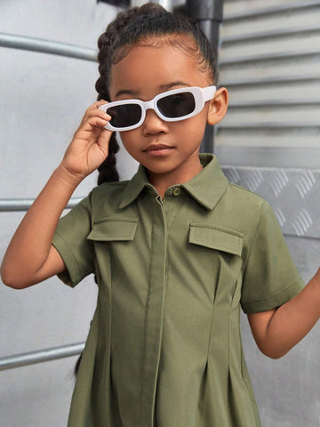 Young Girl Woven Solid Color Turn-Down Collar Fitted Casual Dress