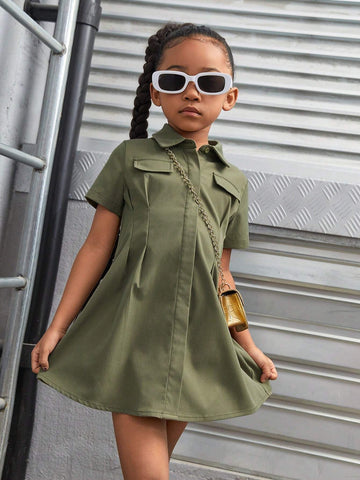 Young Girl Woven Solid Color Turn-Down Collar Fitted Casual Dress