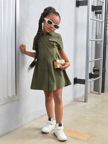 Young Girl Woven Solid Color Turn-Down Collar Fitted Casual Dress