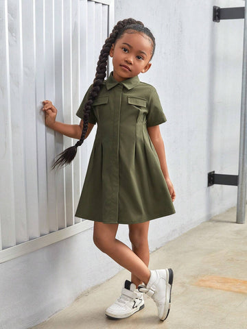 Young Girl Woven Solid Color Turn-Down Collar Fitted Casual Dress