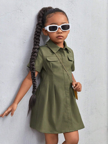 Young Girl Woven Solid Color Turn-Down Collar Fitted Casual Dress