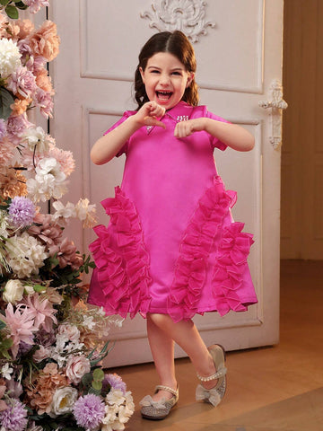 Young Girl Woven Solid Color Turn-Down Collar Loose Fit Casual Ruffle Hem Dress Adorned With Beads