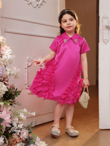 Young Girl Woven Solid Color Turn-Down Collar Loose Fit Casual Ruffle Hem Dress Adorned With Beads
