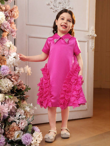 Young Girl Woven Solid Color Turn-Down Collar Loose Fit Casual Ruffle Hem Dress Adorned With Beads
