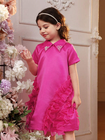 Young Girl Woven Solid Color Turn-Down Collar Loose Fit Casual Ruffle Hem Dress Adorned With Beads