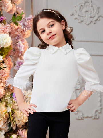 Young Girl Woven Solid Color Turn-Down Collar Shirt With Beaded Fringe Hem, Elegant And Casual