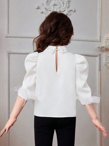 Young Girl Woven Solid Color Turn-Down Collar Shirt With Beaded Fringe Hem, Elegant And Casual