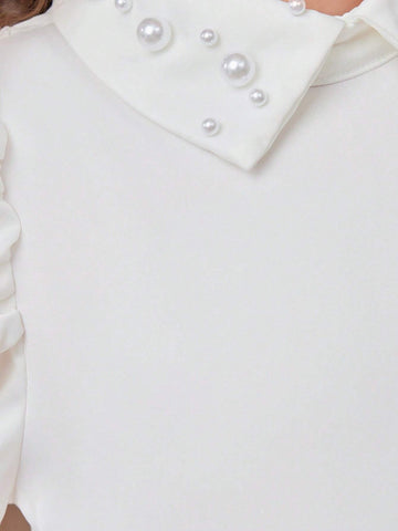 Young Girl Woven Solid Color Turn-Down Collar Shirt With Beaded Fringe Hem, Elegant And Casual