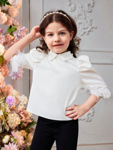 Young Girl Woven Solid Color Turn-Down Collar Shirt With Beaded Fringe Hem, Elegant And Casual
