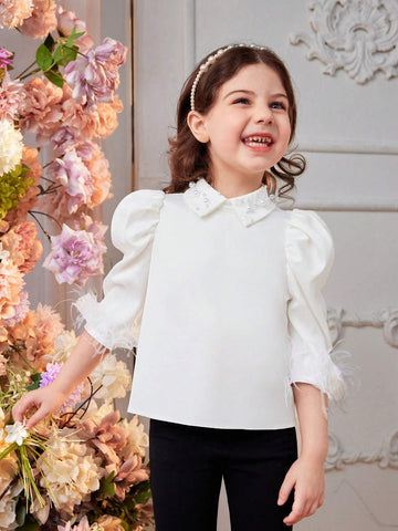 Young Girl Woven Solid Color Turn-Down Collar Shirt With Beaded Fringe Hem, Elegant And Casual