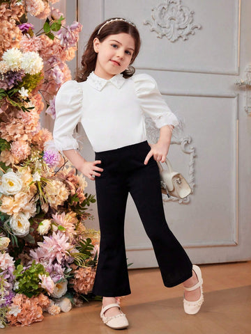 Young Girl Woven Solid Color Turn-Down Collar Shirt With Beaded Fringe Hem, Elegant And Casual