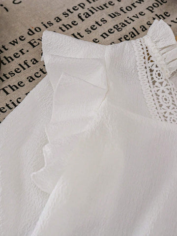 Young Girl Woven Solid Color V-Neck Frilled Fitted Blouse