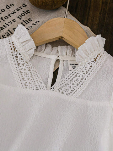 Young Girl Woven Solid Color V-Neck Frilled Fitted Blouse
