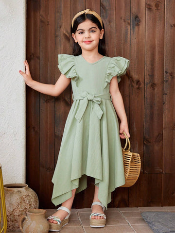 Young Girl Woven Solid Color V-Neck Lotus Leaf Edge Irregular Hem Fit Casual Dress