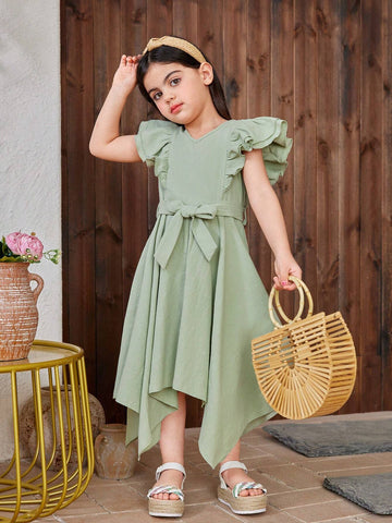 Young Girl Woven Solid Color V-Neck Lotus Leaf Edge Irregular Hem Fit Casual Dress