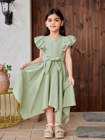 Young Girl Woven Solid Color V-Neck Lotus Leaf Edge Irregular Hem Fit Casual Dress