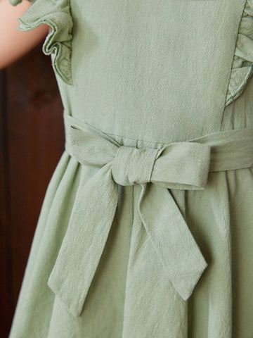 Young Girl Woven Solid Color V-Neck Lotus Leaf Edge Irregular Hem Fit Casual Dress