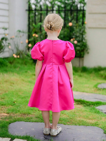 Young Girl Woven Solid Color V-Neck Puff Sleeve Fit-And-Flare Dress With Drawstring