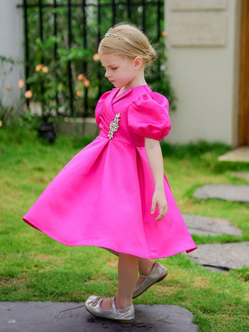 Young Girl Woven Solid Color V-Neck Puff Sleeve Fit-And-Flare Dress With Drawstring