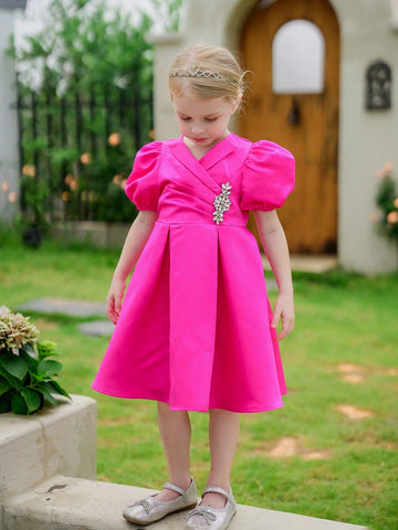 Young Girl Woven Solid Color V-Neck Puff Sleeve Fit-And-Flare Dress With Drawstring