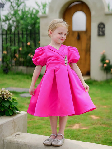 Young Girl Woven Solid Color V-Neck Puff Sleeve Fit-And-Flare Dress With Drawstring