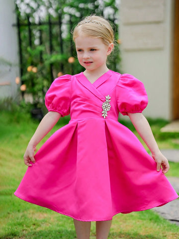 Young Girl Woven Solid Color V-Neck Puff Sleeve Fit-And-Flare Dress With Drawstring