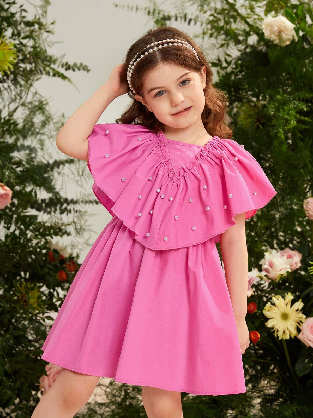 Young Girl Woven Solid Color V-Neck Ruffle Hem Casual Dress With Bead Decoration