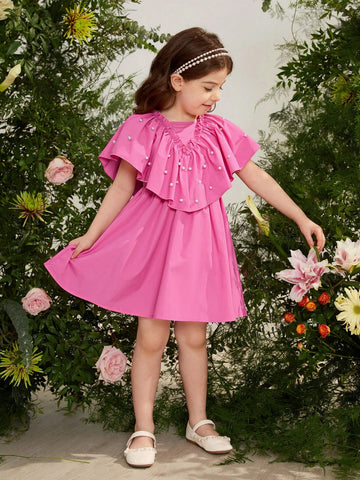 Young Girl Woven Solid Color V-Neck Ruffle Hem Casual Dress With Bead Decoration
