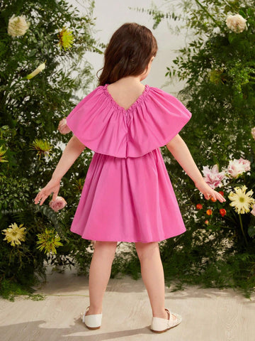 Young Girl Woven Solid Color V-Neck Ruffle Hem Casual Dress With Bead Decoration